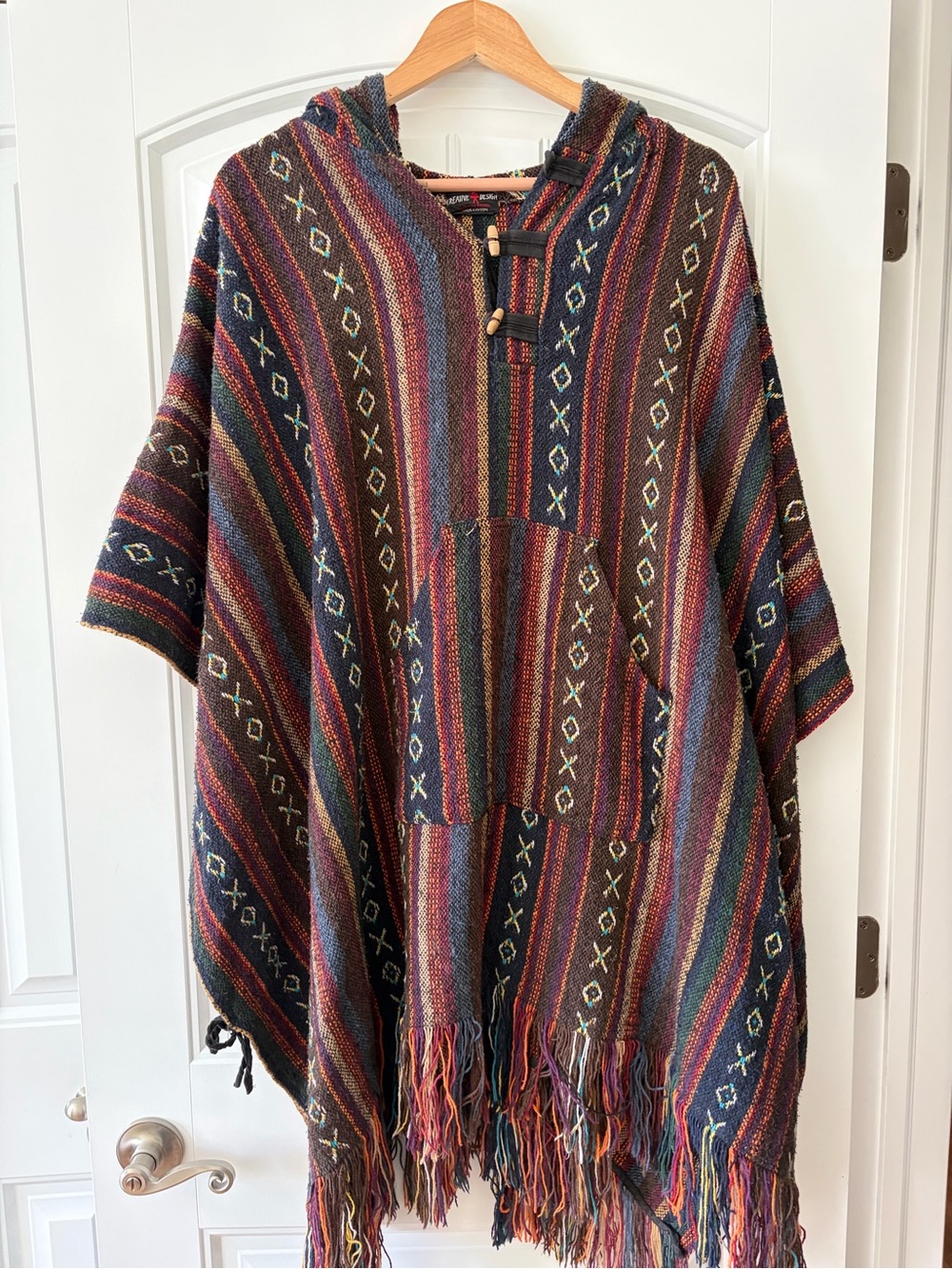 Vintage Bohemian Striped Hooded Poncho - Multicolor. Cotton made in Nepal